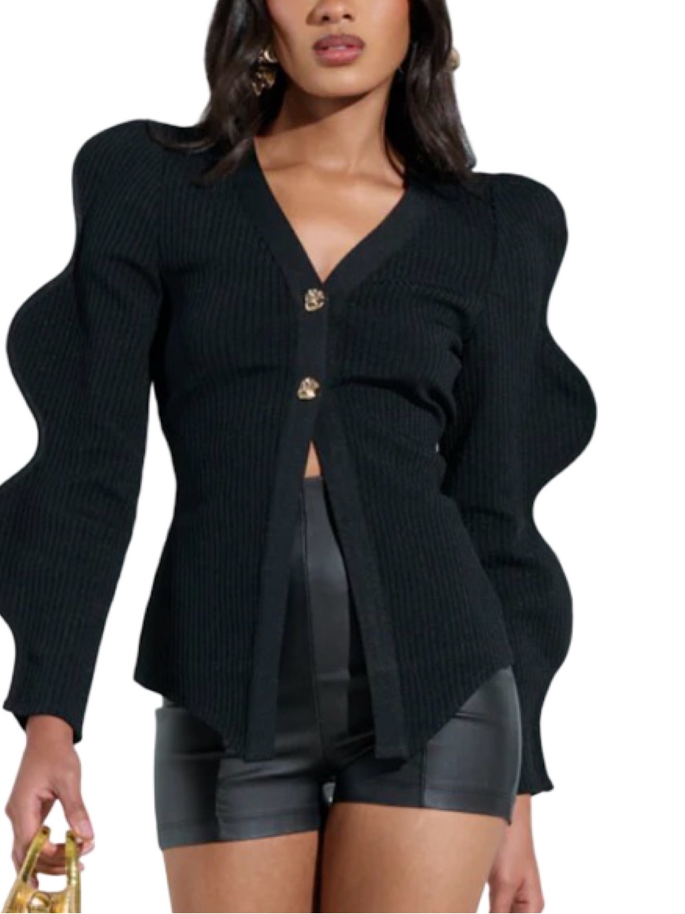 NWT AKIRA Black Wavy Structured Sleeve Ribbed Cardigan L/XL Statement Sweater - Picture 2 of 13